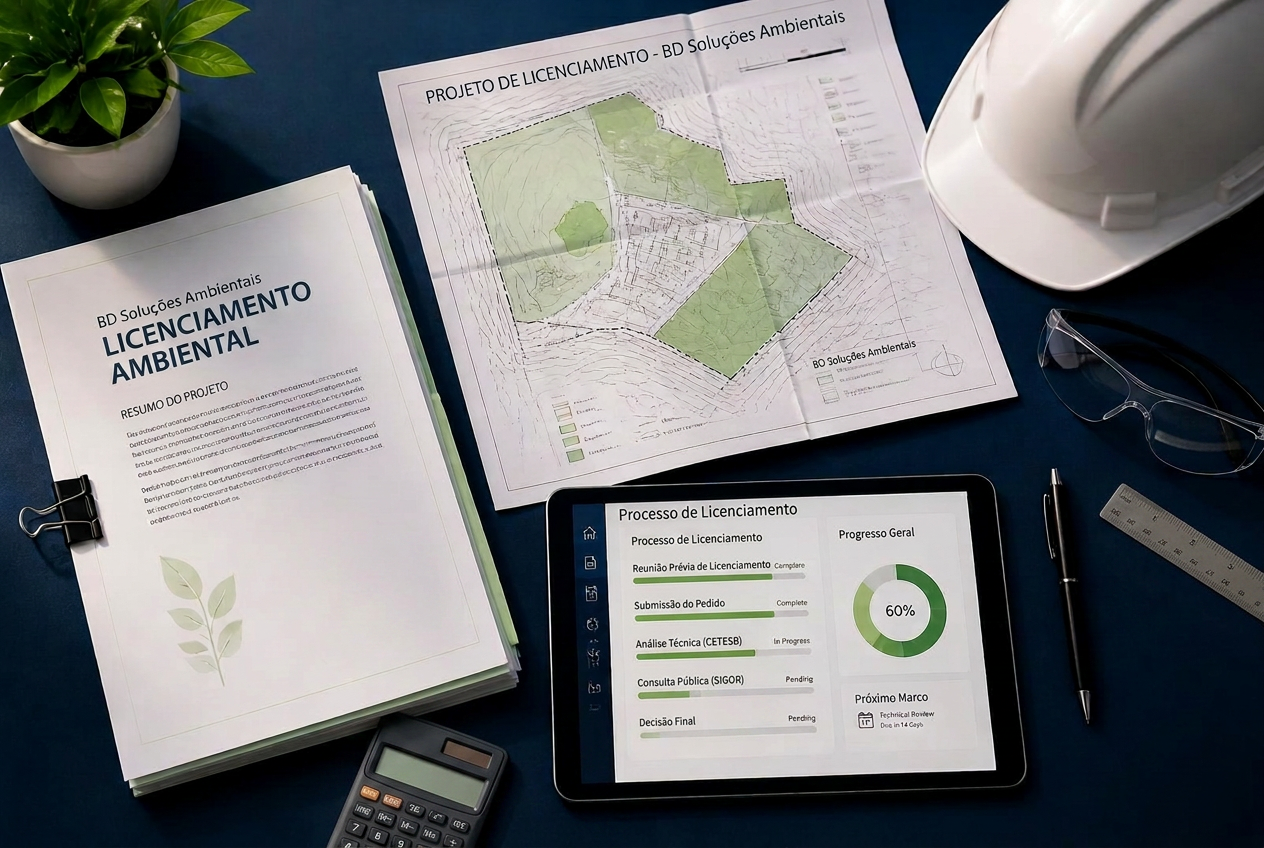 Dossiê de licenciamento ambiental: processo protocolado, planta técnica e acompanhamento de prazos